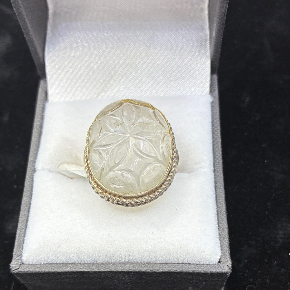 Mughal Carved White Quartz Cabochon Sterling Ring